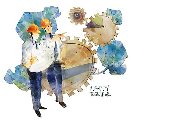 전신 PSD 나무 식물 남자 일러스트 노동자 희망프로젝트 사랑 서기 미소 웃음 사람 성인 두명 희망 작업 사회 안전모 사회이슈 사회복지 복지 톱니바퀴 남자만 성인남자만 성인만 국내일러스트 직업 감정 컨셉 모션 표정 헬멧 안전장비 공동체 파일형식