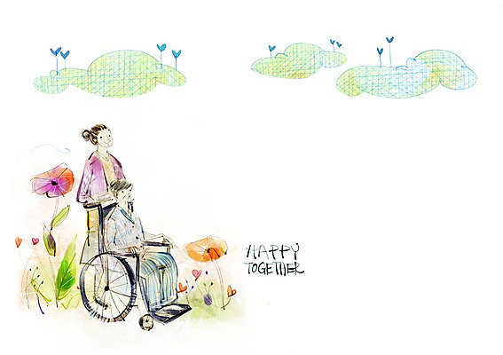 전신 PSD 식물 구름 여자 할아버지 노년 남자 꽃 꽃밭 일러스트 희망프로젝트 사랑 서기 미소 웃음 사람 앉기 성인 두명 희망 환자 간호사 사회 사회이슈 사회복지 복지 휠체어 노인만 성인만 국내일러스트 자연요소 감정 컨셉 의학 모션 표정 의료진 공동체 파일형식