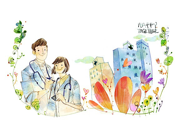 PSD 나무 식물 여자 남자 일러스트 병원 희망프로젝트 사랑 미소 웃음 사람 상반신 성인 두명 건물 희망 의사 사회 사회이슈 사회복지 복지 성인만 국내일러스트 건축물 감정 컨셉 의학 표정 의료진 공동체 파일형식