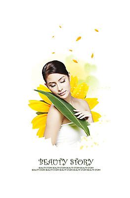 PSD 편집 편집이미지 여자 꽃잎 꽃 나뭇잎 한명 사람 상반신 뷰티 눈감음 여자만 여자한명만 이미지편집 식물 1 잎 모션 파일형식