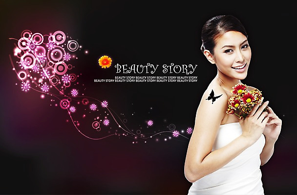 PSD 편집 편집이미지 여자 꽃잎 꽃 꽃다발 나비 백그라운드 한명 사람 상반신 뷰티 자주색 여자만 여자한명만 이미지편집 식물 1 컬러 곤충 파일형식