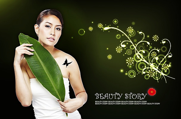 PSD 편집 편집이미지 여자 꽃잎 꽃 나비 백그라운드 나뭇잎 한명 사람 상반신 초록색 뷰티 여자만 여자한명만 이미지편집 식물 1 컬러 곤충 잎 파일형식