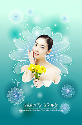 PSD 편집 편집이미지 여자 꽃잎 꽃 백그라운드 한명 사람 상반신 파란색 뷰티 여자만 여자한명만 이미지편집 식물 1 컬러 파일형식