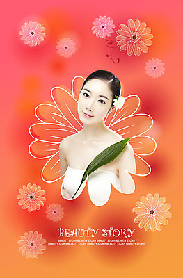 PSD 편집 편집이미지 여자 꽃잎 꽃 백그라운드 나뭇잎 한명 사람 상반신 뷰티 주황색 여자만 여자한명만 이미지편집 식물 1 컬러 잎 파일형식