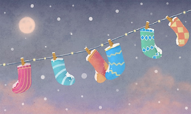 PSD 구름 기념일 백그라운드 크리스마스 겨울 일러스트 하늘 양말 따뜻함 사람없음 달 눈 빨랫줄 빨래집게 겨울배경 국내일러스트 자연요소 계절 줄 날씨 집게 이벤트 파일형식