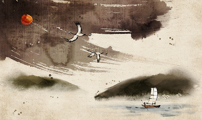 PSD 한국전통 전통 백그라운드 일러스트 붓터치 새해 산 수묵화 한글 사람없음 강 학 안개 보름달 돛단배 선박 국내일러스트 문자 수상교통 배_교통 조류 날씨 한국 미술 달 파일형식