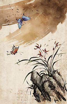 PSD 식물 한국전통 전통 나비 곤충 백그라운드 일러스트 붓터치 새해 수묵화 한글 사람없음 돌_바위 바위 난초 국내일러스트 동물 문자 한국 미술 파일형식