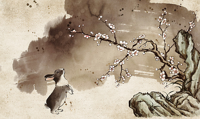 PSD 식물 동물 한국전통 전통 백그라운드 일러스트 붓터치 새해 수묵화 사람없음 돌_바위 바위 토끼 매화 국내일러스트 꽃 포유류 한국 미술 반려동물 파일형식