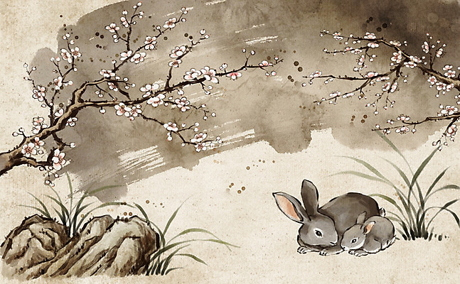 PSD 식물 동물 한국전통 전통 백그라운드 일러스트 붓터치 새해 수묵화 사람없음 돌_바위 바위 토끼 매화 국내일러스트 꽃 포유류 한국 미술 반려동물 파일형식