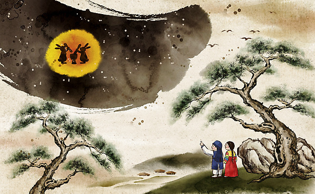 PSD 한국전통 전통 백그라운드 일러스트 붓터치 새해 산 논 수묵화 사람 소년 두명 마을 보름달 달 돌_바위 바위 토끼 소나무 한복 절구 국내일러스트 자연요소 나무 남자 어린이 농업 포유류 한국 미술 반려동물 도구 전통의상 파일형식