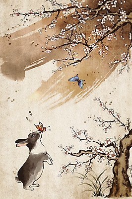 PSD 식물 동물 한국전통 전통 꽃 나비 백그라운드 일러스트 붓터치 새해 수묵화 한글 사람없음 토끼 매화 국내일러스트 문자 곤충 포유류 한국 미술 반려동물 파일형식