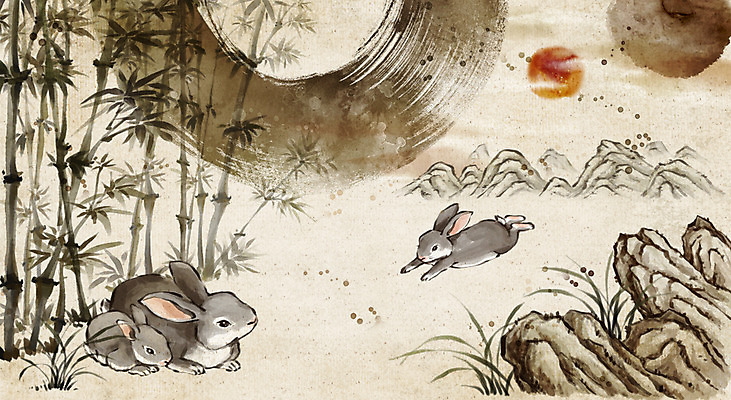 PSD 동물 한국전통 전통 백그라운드 일러스트 붓터치 새해 산 수묵화 사람없음 보름달 돌_바위 바위 토끼 대나무 국내일러스트 나무 포유류 한국 미술 반려동물 달 파일형식