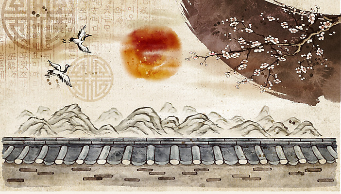 PSD 한국전통 전통 문양 백그라운드 일러스트 붓터치 새해 산 기와집 수묵화 한글 사람없음 담장 학 보름달 매화 국내일러스트 문자 꽃 조류 한옥 한국 미술 달 파일형식