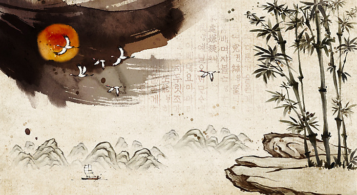 PSD 한국전통 전통 백그라운드 일러스트 붓터치 새해 산 수묵화 사람없음 강 학 안개 보름달 돌_바위 바위 돛단배 대나무 대나무숲 선박 국내일러스트 나무 수상교통 배_교통 조류 날씨 한국 미술 달 숲 파일형식