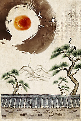 PSD 한국전통 전통 백그라운드 일러스트 붓터치 새해 산 기와집 수묵화 한글 사람없음 담장 학 보름달 소나무 국내일러스트 나무 문자 조류 한옥 한국 미술 달 파일형식