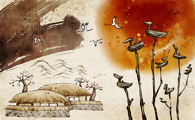 PSD 동물 한국전통 전통 백그라운드 일러스트 붓터치 새해 산 초가집 수묵화 한글 사람없음 학 보름달 감나무 솟대 국내일러스트 나무 문자 조류 한옥 한국 감 미술 달 파일형식