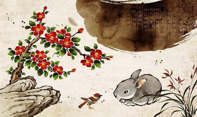 PSD 식물 동물 한국전통 전통 백그라운드 일러스트 붓터치 새해 수묵화 한글 사람없음 돌_바위 바위 토끼 난초 참새 동백 국내일러스트 문자 꽃 포유류 조류 한국 미술 반려동물 파일형식