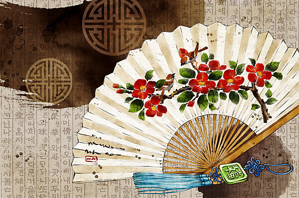 PSD 한국전통 전통 문양 백그라운드 일러스트 붓터치 새해 전통소품 수묵화 한글 사람없음 부채 그림 노리개 참새 동백 국내일러스트 문자 꽃 조류 한국 미술 오브젝트 파일형식