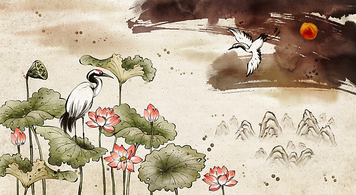 PSD 동물 한국전통 전통 꽃 백그라운드 일러스트 조류 붓터치 새해 산 연꽃 수묵화 사람없음 학 보름달 국내일러스트 식물 한국 미술 달 파일형식