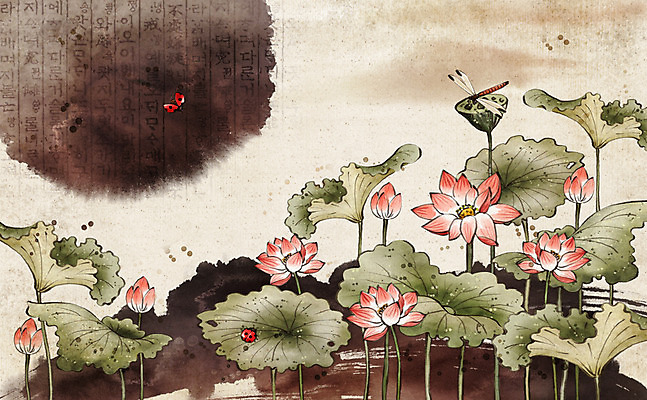 PSD 식물 한국전통 전통 꽃잎 꽃 곤충 백그라운드 잎 일러스트 붓터치 나뭇잎 새해 연꽃 수묵화 한글 사람없음 잠자리 무당벌레 국내일러스트 동물 문자 한국 미술 파일형식