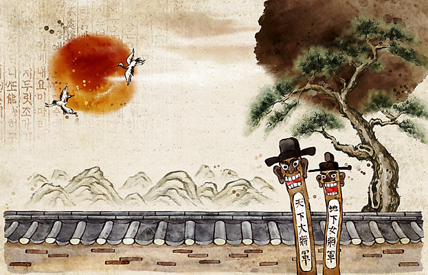 PSD 한국전통 전통 백그라운드 일러스트 새해 산 기와집 수묵화 한글 사람없음 담장 학 보름달 소나무 장승 국내일러스트 나무 문자 조류 한옥 한국 미술 달 파일형식