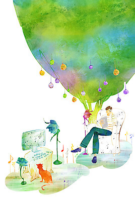 PSD 나무 동물 구름 한마리 남자 음악 백그라운드 일러스트 상상 한명 사람 반려동물 컴퓨터 판타지 소파 고양이 스탠드 남자만 남자한명만 국내일러스트 자연요소 식물 1 의자 포유류 문화예술 조명 전자제품 파일형식