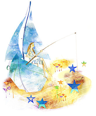 PSD 여자 꽃 별 백그라운드 일러스트 상상 낚시 한명 사람 판타지 낚싯대 선박 여자만 여자한명만 국내일러스트 자연요소 식물 1 수상교통 레저 낚시용품 파일형식