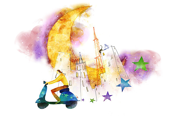 PSD 남자 별 백그라운드 야경 일러스트 상상 한명 사람 건물 판타지 오토바이 달 도시 반달 남자만 남자한명만 국내일러스트 자연요소 1 건축물 바이크 야간 파일형식 풍경_경치