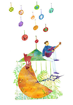 PSD 동물 한마리 남자 악기 시계 백그라운드 일러스트 상상 한명 사람 판타지 고양이 기타 남자만 남자한명만 국내일러스트 1 음악 포유류 현악기 반려동물 파일형식