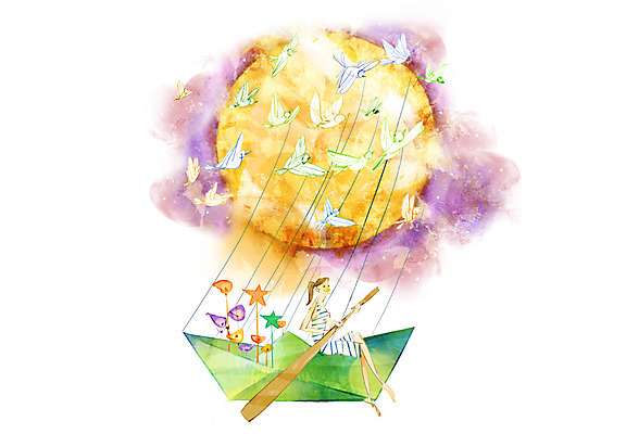 PSD 동물 여자 꽃 백그라운드 여러마리 일러스트 상상 조류 한명 사람 판타지 달 저녁 노 종이배 선박 여자만 여자한명만 국내일러스트 자연요소 식물 1 다수 수상교통 야간 종이접기 파일형식