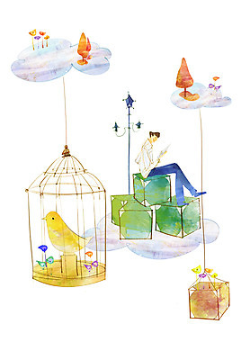 PSD 나무 동물 구름 한마리 남자 백그라운드 일러스트 상상 조류 한명 사람 판타지 상자 램프 새장 남자만 남자한명만 국내일러스트 자연요소 식물 1 조명 케이지 파일형식