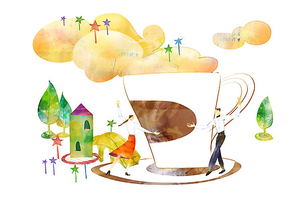 PSD 나무 여자 남자 별 커피 백그라운드 일러스트 상상 주택 사람 두명 판타지 춤 차 찻잔 가교 국내일러스트 자연요소 식물 건축물 음료 문화예술 잔 건물 파일형식