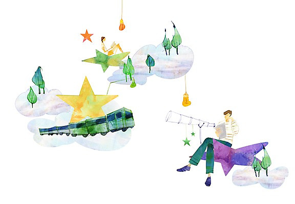 PSD 나무 구름 여자 남자 별 백그라운드 일러스트 전구 상상 사람 두명 판타지 망원경 기차 국내일러스트 자연요소 식물 육상교통 대중교통 파일형식