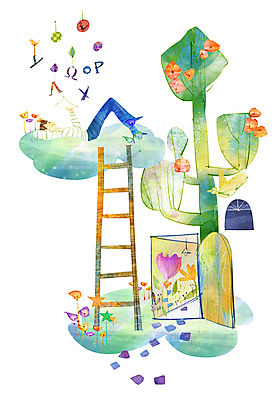 PSD 나무 식물 구름 남자 꽃 백그라운드 일러스트 사다리 상상 조류 한명 사람 판타지 문 남자만 남자한명만 국내일러스트 자연요소 동물 1 도구 파일형식