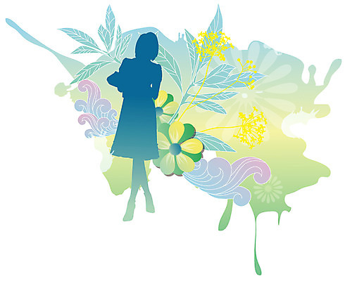 EPS 여자 꽃 실루엣 줄기 백그라운드 잎 일러스트 한명 컬러풀 퓨전 팝아트 여자만 여자한명만 국내일러스트 식물 1 컬러 촬영기법 사람 그림 파일형식 벡터