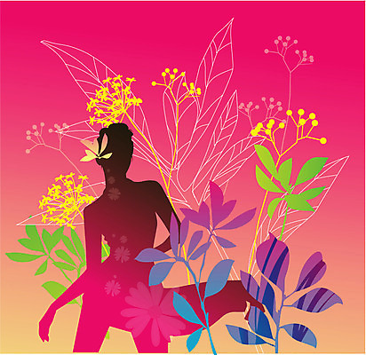 EPS 여자 꽃 줄기 분홍색 백그라운드 잎 무늬 패턴 일러스트 한명 사람 컬러풀 퓨전 팝아트 여자만 여자한명만 국내일러스트 식물 1 컬러 그림 파일형식 벡터