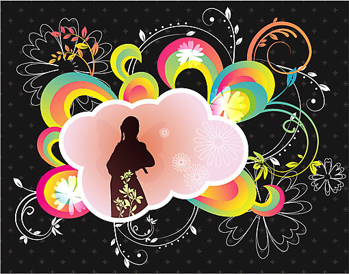 EPS 여자 꽃잎 꽃 실루엣 줄기 백그라운드 무늬 패턴 일러스트 한명 사람 컬러풀 검은색 퓨전 팝아트 여자만 여자한명만 국내일러스트 식물 1 컬러 촬영기법 그림 파일형식 벡터