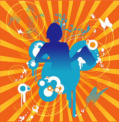 EPS 도형 여자 꽃 실루엣 줄기 나비 백그라운드 잎 무늬 패턴 일러스트 한명 파란색 주황색 퓨전 팝아트 여자만 여자한명만 국내일러스트 식물 1 컬러 곤충 촬영기법 사람 그림 파일형식 벡터