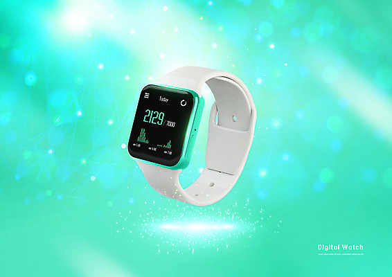 PSD 편집이미지 시계 그래프 사람없음 스마트기기 3D 그물 손목시계 디지털시계 민트색 웨어러블 스마트워치 편집3D 컬러 장신구 전자제품 디지털합성 파일형식