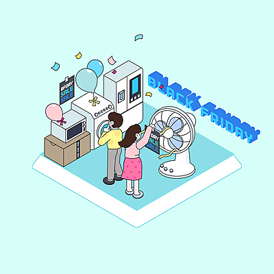 전신 PSD 여자 남자 일러스트 이벤트 두명 파란색 세일 가전제품 선풍기 전자레인지 냉장고 풍선 세탁기 아이소메트릭 팡파레 블랙프라이데이 국내일러스트 컬러 데이이벤트 사람 레인지 파일형식