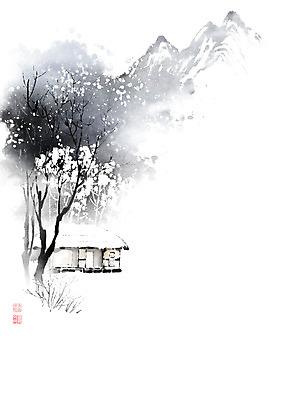 PSD 나무 설경 일러스트 캘리그라피 붓터치 주택 초가집 풍경 사람없음 나뭇가지 눈 숲 절기 동양화 번짐 산수화 입동 설산 국내일러스트 자연요소 식물 계절 겨울 날씨 산 한옥 미술 건물 파일형식 효과