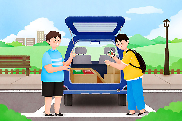 전신 PSD 공원 남자 가로등 의자 일러스트 자동차 하늘 두명 책 상자 거래 전달 주차장 중고 남자만 중고거래 국내일러스트 공공시설 육상교통 가구 사람 파일형식