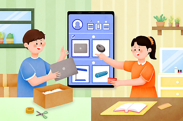 PSD 여자 남자 일러스트 모바일 가위 상반신 두명 책 노트북 스마트폰 상자 화장품 거래 전달 테이프 중고 중고거래 국내일러스트 문구용품 사람 전자제품 핸드폰 스마트기기 뷰티 파일형식