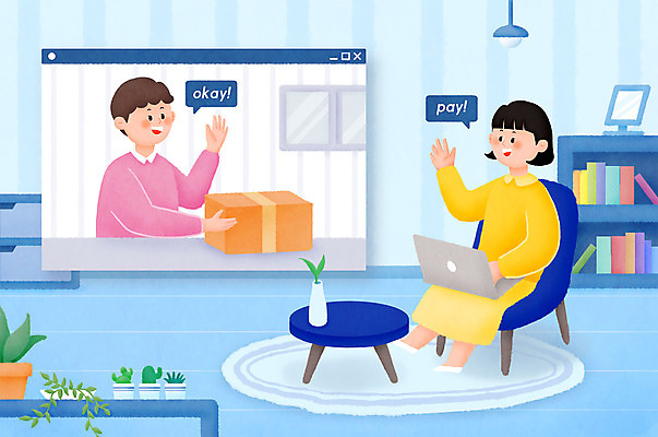 전신 PSD 여자 남자 화분 일러스트 탁자 전등 선반 상반신 두명 책 파란색 노트북 거울 거래 전달 중고 중고거래 국내일러스트 컬러 가구 조명 사람 전자제품 파일형식