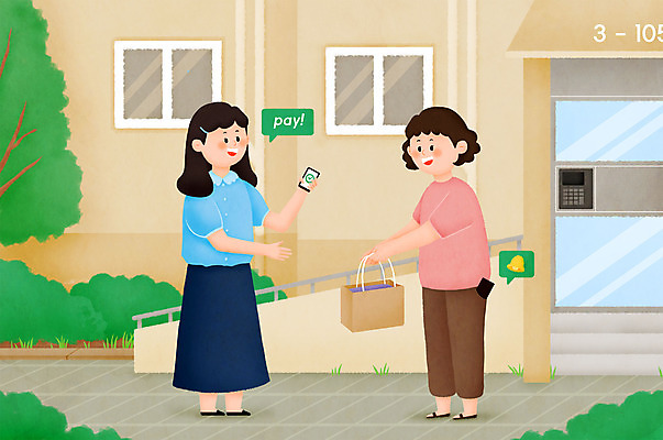 전신 PSD 여자 일러스트 모바일 출입구 아파트 대화 두명 스마트폰 거래 현관문 입금 중고 채팅 여자만 중고거래 국내일러스트 주택 말하기 사람 핸드폰 스마트기기 문 파일형식