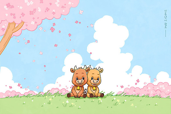 동물 꽃 두마리 일러스트 초원 사람없음 봄 벚꽃 소띠 소 소캐릭터 2021년 신축년 국내일러스트 AI파일 식물 계절 동물캐릭터 2 포유류 십이지신 연도 파일형식 벡터