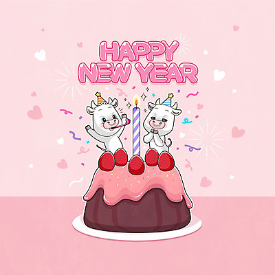 동물 분홍색 두마리 일러스트 응원 새해 기념 사람없음 케이크 소띠 축하 소 해피뉴이어 소캐릭터 2021년 신축년 흰소 국내일러스트 AI파일 컬러 동물캐릭터 컨셉 2 포유류 디저트 새해인사 십이지신 연도 파일형식 벡터
