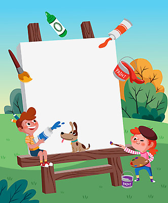 전신 나무 여자 교육 남자 어린이라이프 반려견 어린이 일러스트 교재 프레임 미술 두명 파란색 페인트 물감 붓 강아지 숲 이젤 교과서 그림 학습지 에듀 에듀케이션 프레임일러스트 어린이만 스쿨팩 국내일러스트 AI파일 식물 라이프스타일 컬러 문화예술 사람 반려동물 미술도구 개 파일형식 벡터