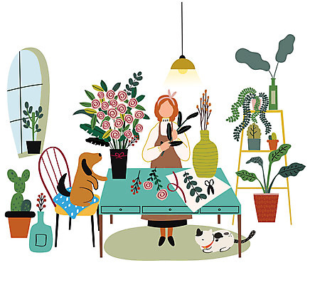 전신 식물 여자 꽃 리본 화분 꽃다발 의자 일러스트 포장 탁자 가위 한명 성인 취미 고양이 강아지 꽃꽂이 반려 플로리스트 여자한명만 업글인간 국내일러스트 AI파일 직업 1 가구 포유류 문구용품 사람 반려동물 개 원예 신조어 자기개발 여자만 파일형식 벡터