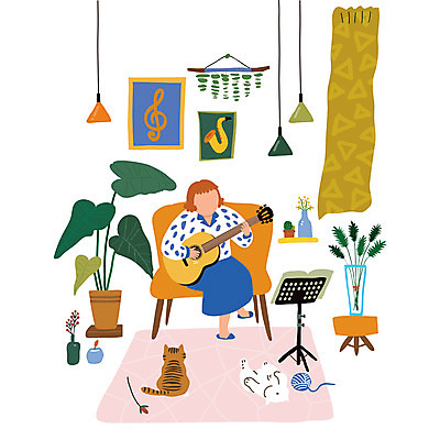 전신 식물 여자 꽃 화분 액자 연주 음표 일러스트 조명 한명 성인 취미 고양이 카펫 기타 커튼 보면대 색소폰 악보 향초 반려 여자한명만 업글인간 국내일러스트 AI파일 1 기호 음악 초 포유류 현악기 사람 반려동물 목관악기 신조어 자기개발 여자만 파일형식 벡터